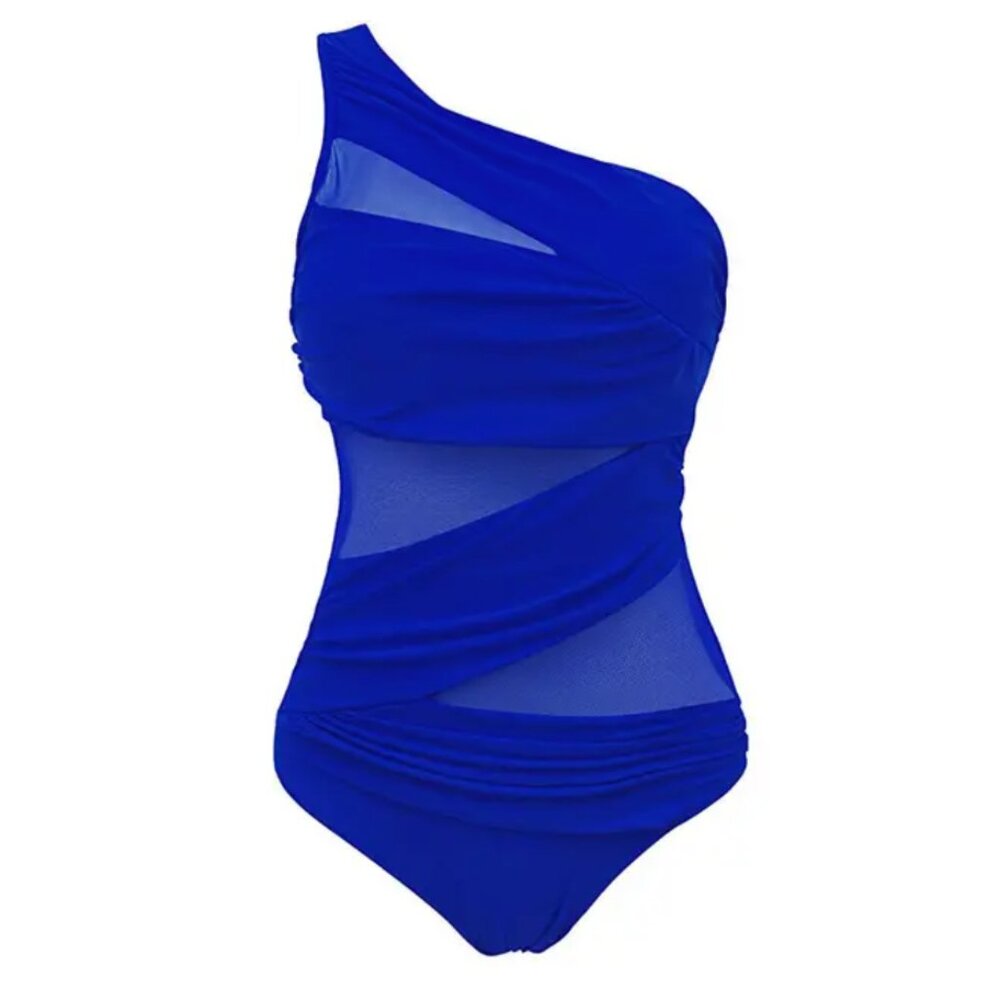 One piece Swim suit with sheer mesh cut outs One shoulder top Size M Blue NWT